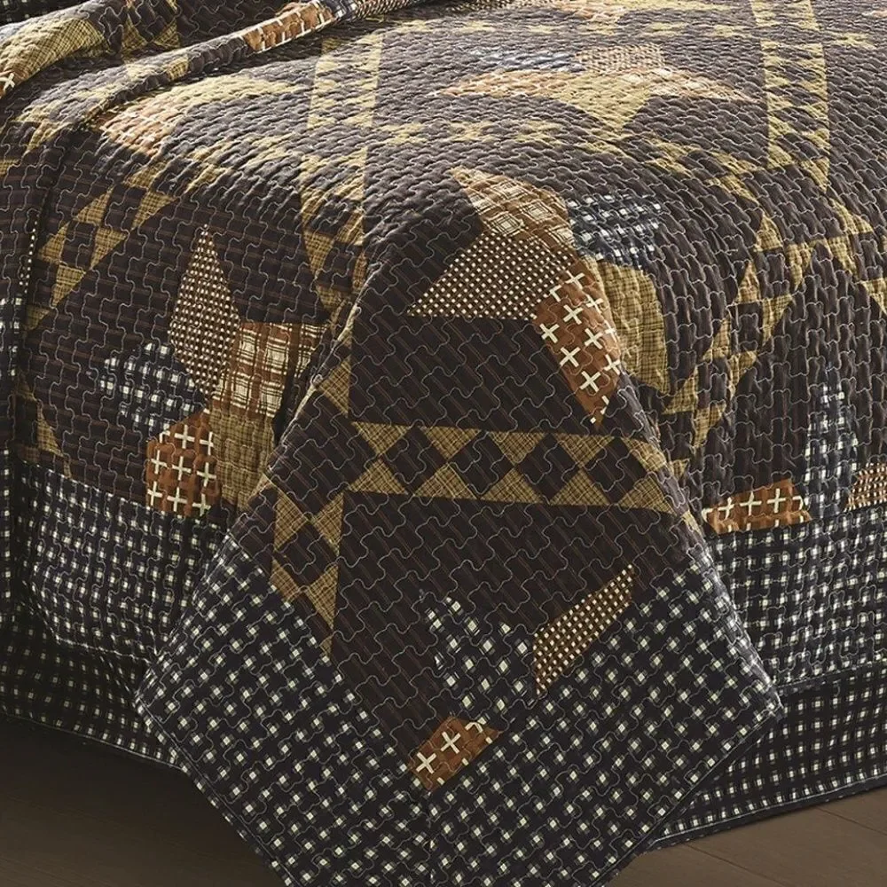 Primitive Star Farmhouse Black Brown Printed King Size Quilt Set Country Cottage